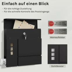Rootz Mailbox med avisrum - Letterbox - Wall Mount Post Box - Vandtæt - 37x37x10,5 cm sort