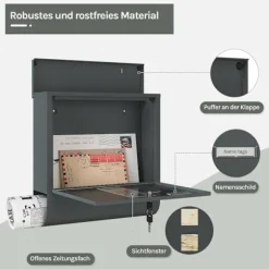 Rootz Mailbox med visningsvindue - Letterbox - Postbox - Inkluderer navnemærke - Galvaniseret metalplade - Vandtæt - 37x37x10,5 cm - Grå