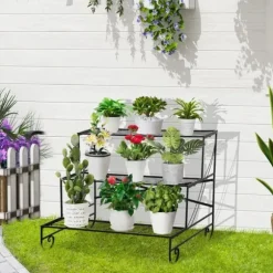 Rootz metal blomsterstativ - plantestativ - 3 etagers blomsterstativ - sort - 95 x 63 x 72 cm