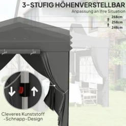 Rootz Pop Up Gazebo - Garden Tent - Outdoor Pavilion - UPF50+ UV -beskyttelse - mørkegrå - 250L x 250W x 268H cm