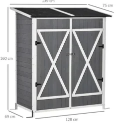 Rootz Redskabsskur - Haveskab - 2 døre - Værktøjsskab - Haveopbevaring - Træ - Grå/Hvid - 139 x 75 x 160 cm