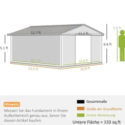 Rootz Tool Shed - Weatherboof Garden Shed - Udendørs opbevaring - Ventileret stålskur - 340 cm x 386 cm x 200 cm