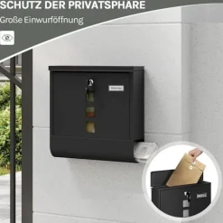 Rootz Wall Mailbox - Outdoor Letterbox - Locking Mail Holder - Rust -resistente, Privacy Secure - 37x37x10,5 cm sort
