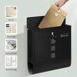 Rootz Wall Mailbox - Outdoor Letterbox - Locking Mail Holder - Rust -resistente, Privacy Secure - 37x37x10,5 cm sort