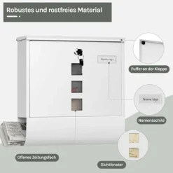 Rootz Wall Montered Mailbox - Post Box - Letterbox - Vandtæt og rustbestandig - 37x37x10,5 cm hvid