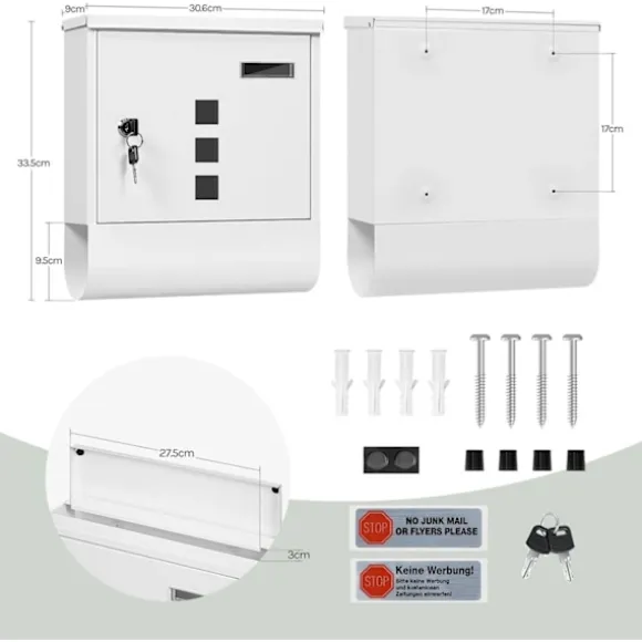 Rootz White Mailbox - Vægmonteret postkasse - Sikkert låsesystem - Galvaniseret stål - 30,6 x 33,5 x 10 cm