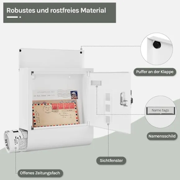 Rootz White Mailbox - Vægmonteret postkasse - Sikkert låsesystem - Galvaniseret stål - 30,6 x 33,5 x 10 cm