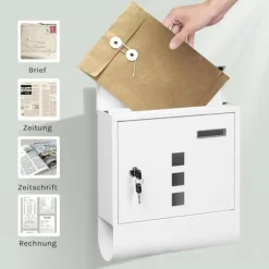Rootz White Mailbox - Vægmonteret postkasse - Sikkert låsesystem - Galvaniseret stål - 30,6 x 33,5 x 10 cm