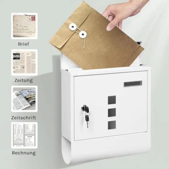 Rootz White Mailbox - Vægmonteret postkasse - Sikkert låsesystem - Galvaniseret stål - 30,6 x 33,5 x 10 cm