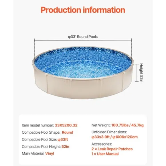 Rund Pool Liner 33ft, Unibead Style Pool Liner, 52in væghøjde
