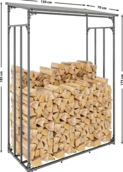 Ruston L Metal Firewood Storage Rack with Cover - Anthracite, 185cm Height, 130cm Width, 70cm Depth
