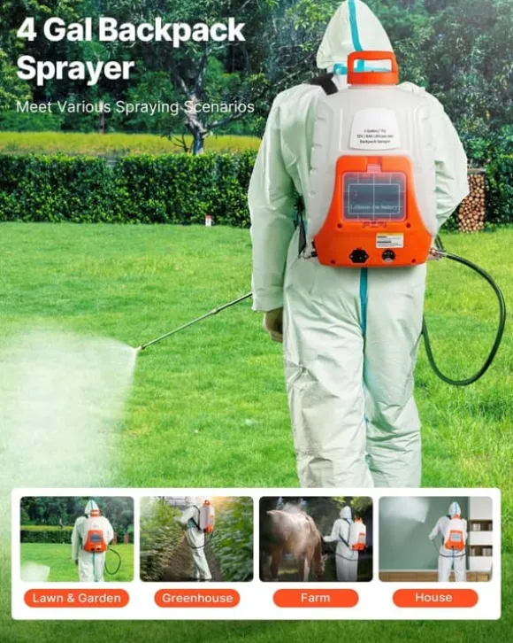 Rygsprøjte - Batteridrevet havesprøjte - Beholder 16 L - Dyser 8 stk. - Teleskopiske stave 2 stk. - Justerbart tryk 90 PSI - Driftstid 4–6 timer