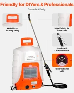 Rygsprøjte - Batteridrevet havesprøjte - Beholder 16 L - Dyser 8 stk. - Teleskopiske stave 2 stk. - Justerbart tryk 90 PSI - Driftstid 4–6 timer