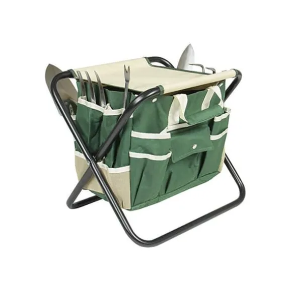 Sammenfoldelig skammel med taske og et sæt haveredskaber