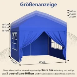 Sammenklappelig havepavillon 3x3 m med 4 sidevægge, højdejusterbar i 3 positioner, blå
