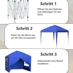 Sammenklappelig havepavillon 3x3 m med 4 sidevægge, højdejusterbar i 3 positioner, blå