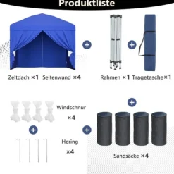 Sammenklappelig havepavillon 3x3 m med 4 sidevægge, højdejusterbar i 3 positioner, blå