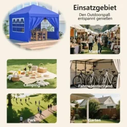 Sammenklappelig havepavillon 3x3 m med 4 sidevægge, højdejusterbar i 3 positioner, blå