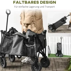Sammenklappelig vogn op til 120 kg, teleskophåndtag, sidelommer & foldbar bakke, mørkegrå