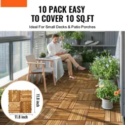 Sammenlåsende dækfliser, Massivt træ 10 pakke 12x12, Kamferfyr, holdbare, velegnede til veranda, nem at installere