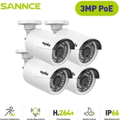 SANNCE 3MP PoE Sikkerhedskamera, Forbedret Nattesyn, Vejrbestandigt Design,71FQ0471FQ04