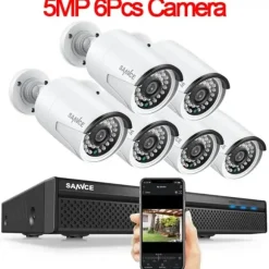 SANNCE NVR Sikkerhedskamera System, 8MP Videoopløsning, 8CH POE Support,2T, 5MP 6 stk. kamera