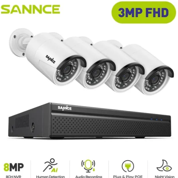 SANNCE Videoovervågningssystem, 8MP opløsning, POE IP-kameraer,I71FQ04, 2T