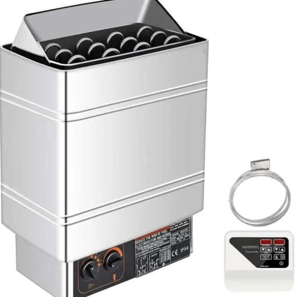 Saunaovn 9 KW, el-sausnherd 380 V - 415 V, rustfri stål saunaovn, elektrisk saunaovn med 2 indstillinger (temperatur, tid) og ekstern