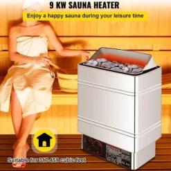 Saunaovn 9 KW, el-sausnherd 380 V - 415 V, rustfri stål saunaovn, elektrisk saunaovn med 2 indstillinger (temperatur, tid) og ekstern