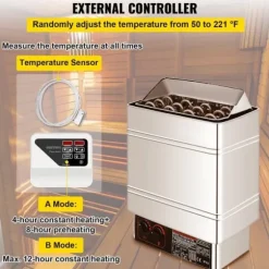 Saunaovn 9 KW, el-sausnherd 380 V - 415 V, rustfri stål saunaovn, elektrisk saunaovn med 2 indstillinger (temperatur, tid) og ekstern