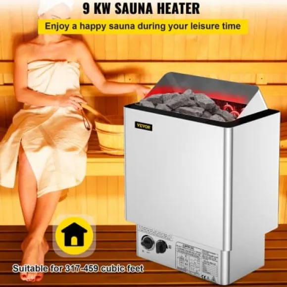 Saunaovn, 9KW elektrisk indbygget kontrol, 40x23x56 cm, rustfrit stål