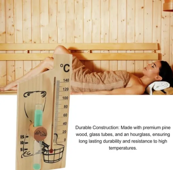 Sauntermometer, timeglas, dampbadssaunatermometer og hygrometer, let træramme, dobbelt måler, vægmontering, indendørs brug, massiv