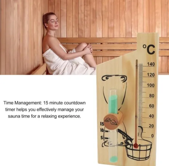 Sauntermometer, timeglas, dampbadssaunatermometer og hygrometer, let træramme, dobbelt måler, vægmontering, indendørs brug, massiv