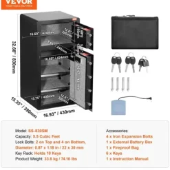 Sikkerhedsboks, Fingeraftrykslås, Dobbelt Alarm System,2-vejsAdgang 5.5CU.FT
