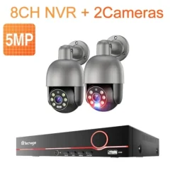 Sikkerhedskamera System, 8 Kanaler, Fuld Farve Nattesyn,4T, 8CH 2 Kamera 5MP