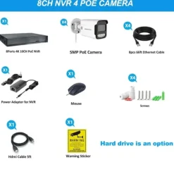 Sikkerhedskamera System, 5 MP Opløsning, Nattesyn Funktion,8CH NVR 4 KAMERA, 4T