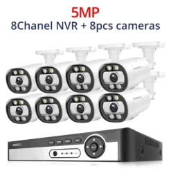Sikkerhedskamera system, AI ansigtsdetektion, farve natvision,8CH NVR 8PCS CAM 5MP, 1T