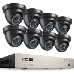 Sikkerhedskamera system, 8CH DVR optager, 2MP Dome kameraer,8 sorte kameraer, 1T