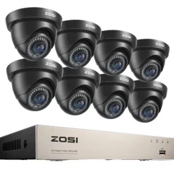 Sikkerhedskamera system, 8CH DVR optager, 2MP Dome kameraer,8 sorte kameraer, Ingen