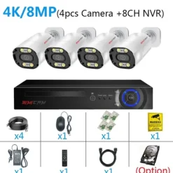 Sikkerhedskamera System, 8MP Opløsning, To-Vejs Lyd,2T, 8CH 4Stk 4K