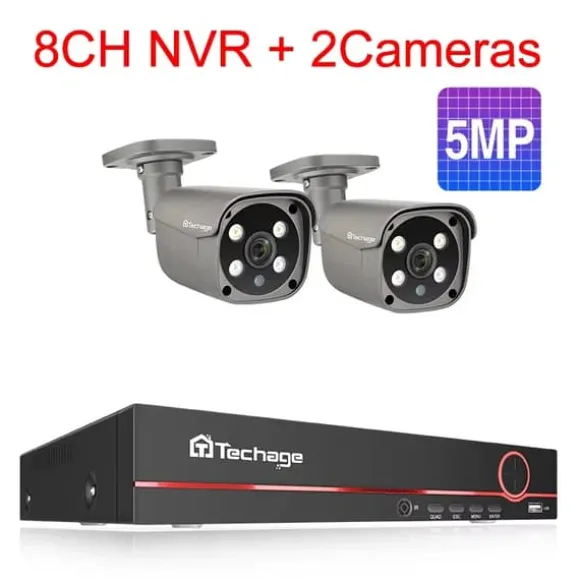 Sikkerhedskamera System, 5MP Opløsning, Nattesyn Funktion,EU Stik, 8CH 2Pcs 5MP Kamera, 3T(udendørs sport)