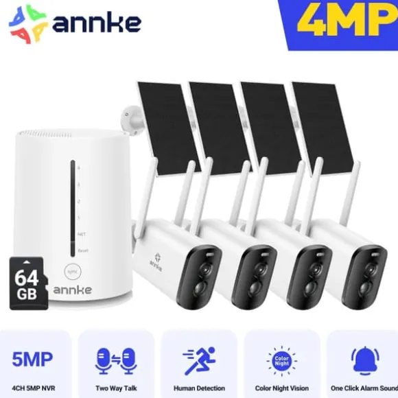 Sikkerhedskamerasystem, 4MP opløsning, panorering og vippefunktionalitet,5200mAh 4Stk 64G