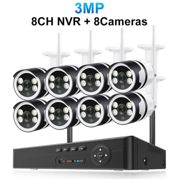 Sikkerhedskamerasystem, PTZ-funktionalitet, trådløs forbindelse, 8CH 3MP 8PCS CAM, ingen indbygget HDD