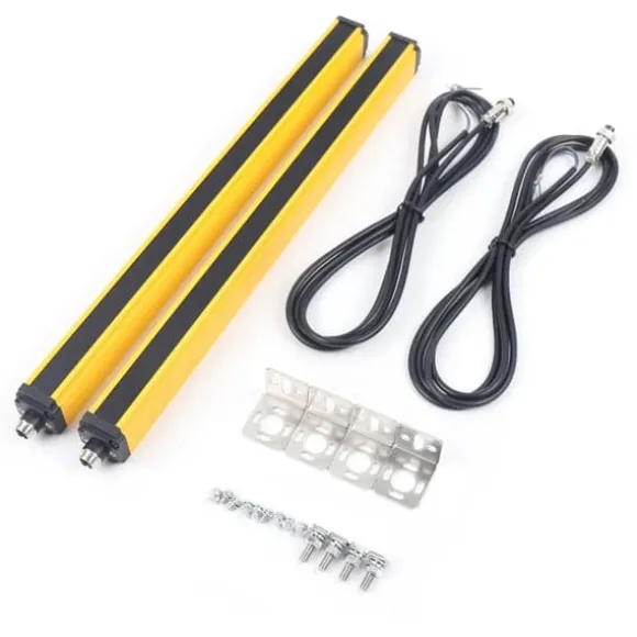 Sikkerheds-lysgardin - Sensorafbryder - 10 stråler - Registreringsafstand 3 m - Udgang NPN/NC - Kabel 2,2 m (2 stk) - Hus i aluminiumlegering - Gul
