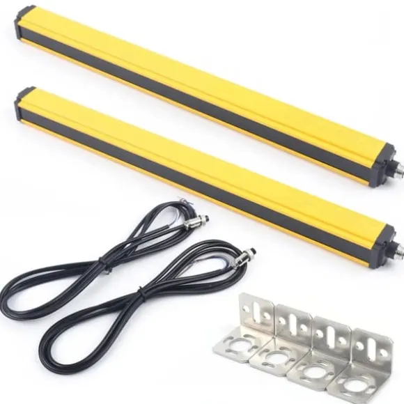 Sikkerheds-lysgardin - Sensorafbryder - 10 stråler - Registreringsafstand 3 m - Udgang NPN/NC - Kabel 2,2 m (2 stk) - Hus i aluminiumlegering - Gul