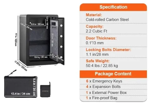 Sikkerhedsskab, Fingeraftryksadgang, Dobbelt Alarm System,2.2 Kubikfod