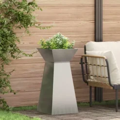Søjle Plantekasse i stål – Moderne trapezoid design | Størrelse: 35x35x73 cm | Farve: Sølv