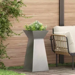 Søjle Plantekasse i Stål - Moderne Trapezoid Design | Farve: Sølv | Størrelse: 35x35x73 cm