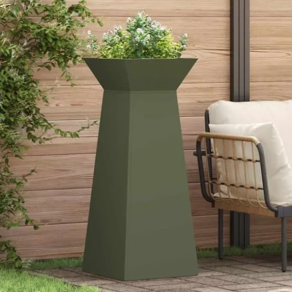 Søjle Plantekasse 2-pak - Trapezoidal Design | Farve: Olivengrøn | Størrelse: 40x40x100 cm