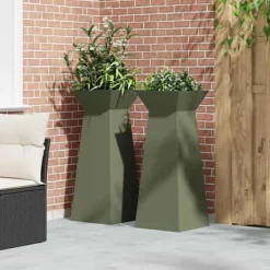 Søjle Plantekasse 2-pak - Trapezoidal Design | Farve: Olivengrøn | Størrelse: 40x40x100 cm